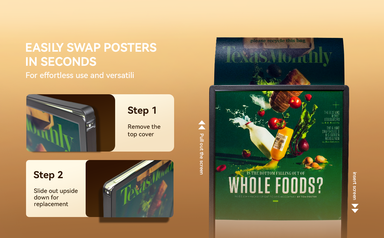 poster replacement steps showing magnetic opening and easy poster insertion for quick updates