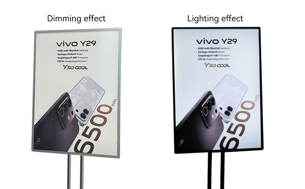 two double-poles standing light boxes comparing dimming and lighting effects
