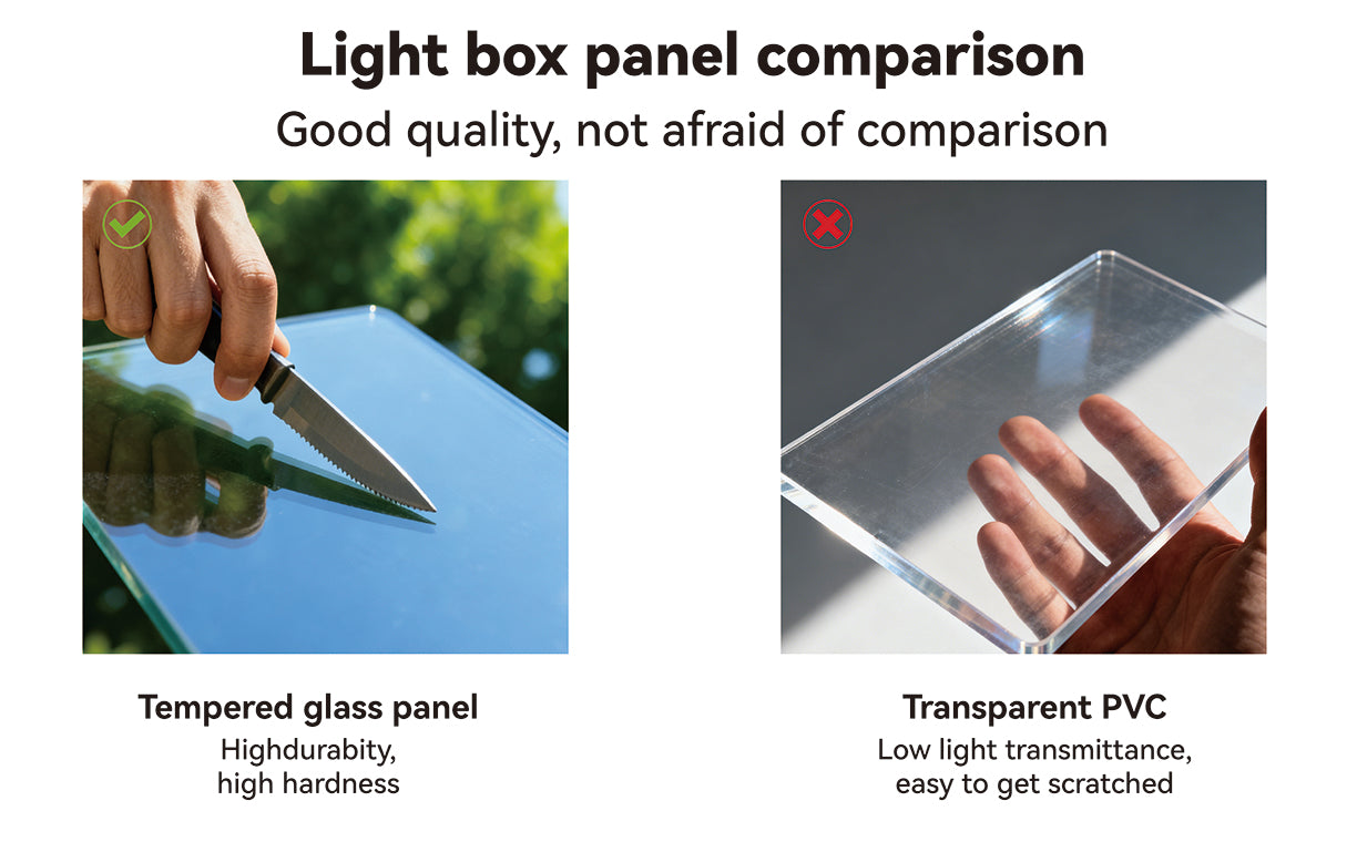 Comparison of tempered glass panel and transparent PVC sheet with text on quality and durability.