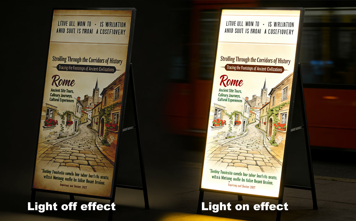 Two signs showing a comparison of 'Light off' and 'Light on' effects