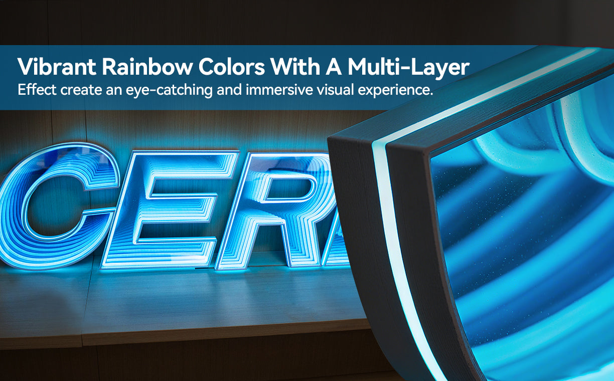 infinity mirror sign with vibrant rainbow colors and a multi-layer effect