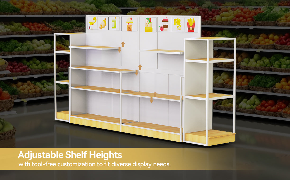 Display rack with adjustable shelves in a grocery store setting