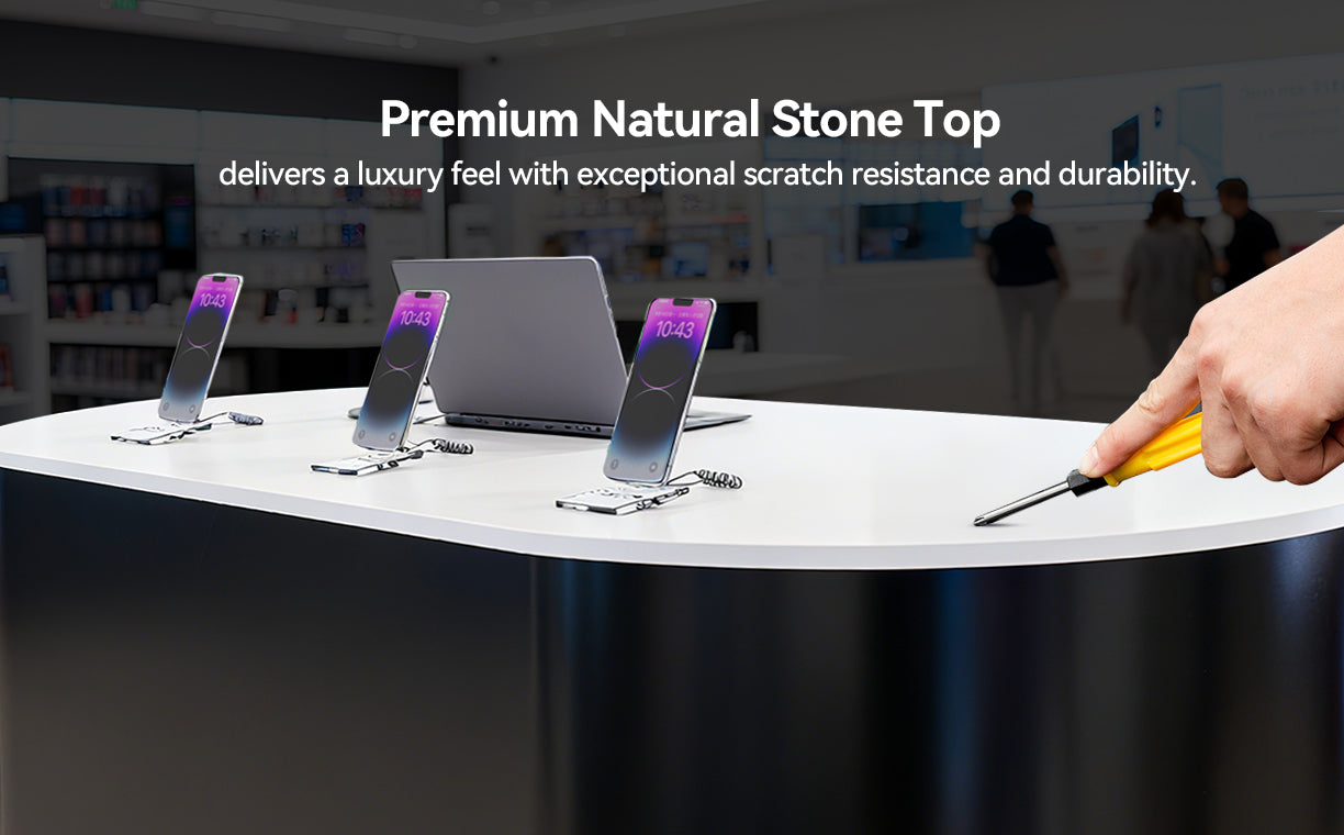 a display cabinet with natural stone top.