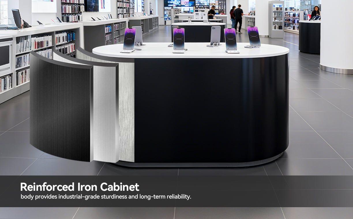 Modern interior design with a round black and white cabinet in a store setting.