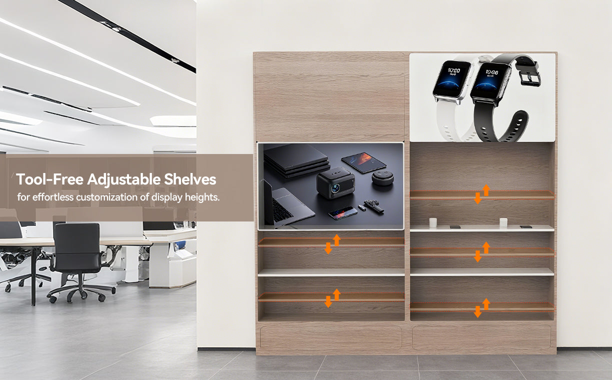 Wooden shelving unit with tool-free adjustable shelves in an office setting.
