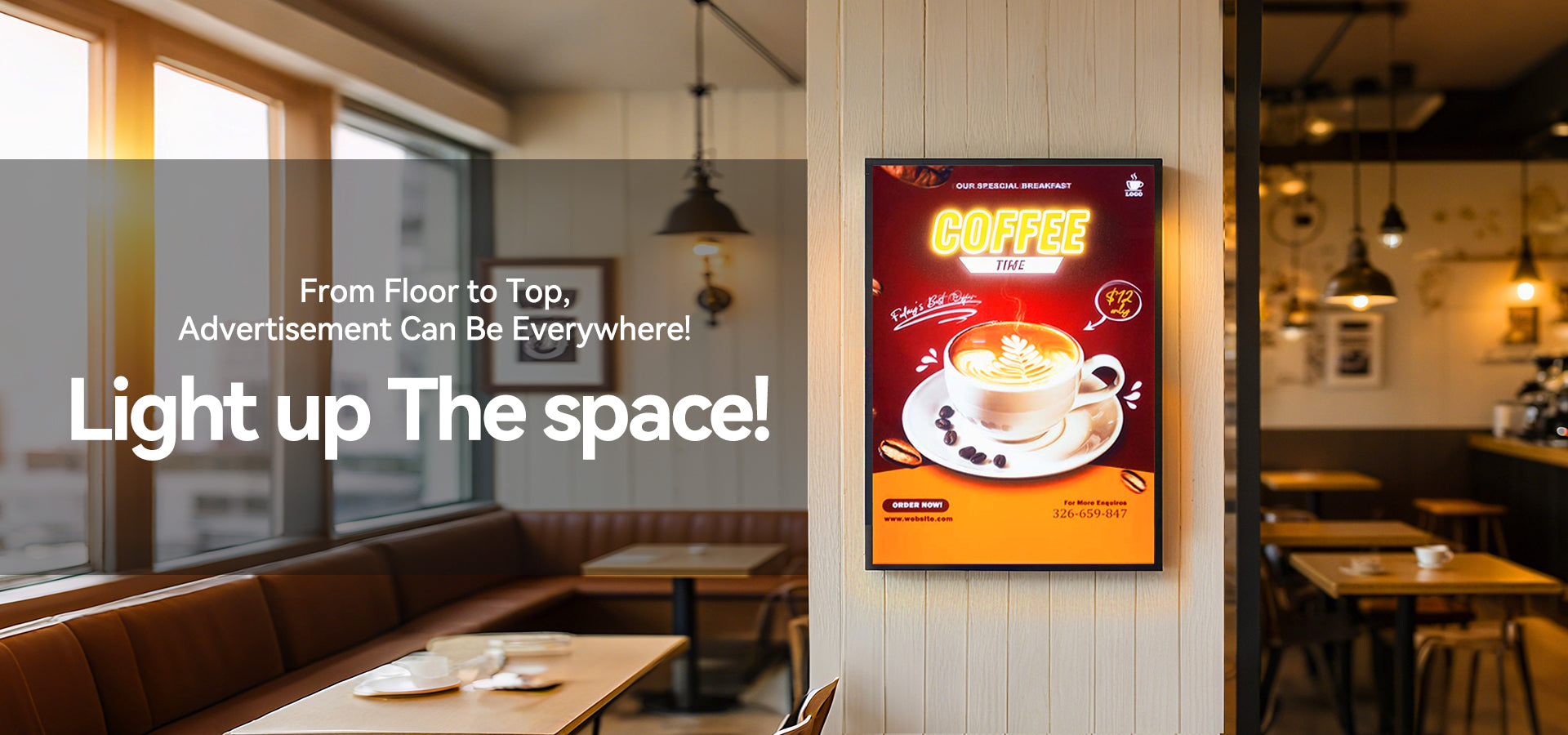 high-definition light box showcases the advertisement of the coffee shop.