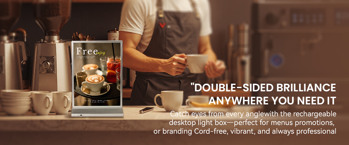 catch eyes from every angle with the rechargeable desktop light box, perfect for menus promotions or branding