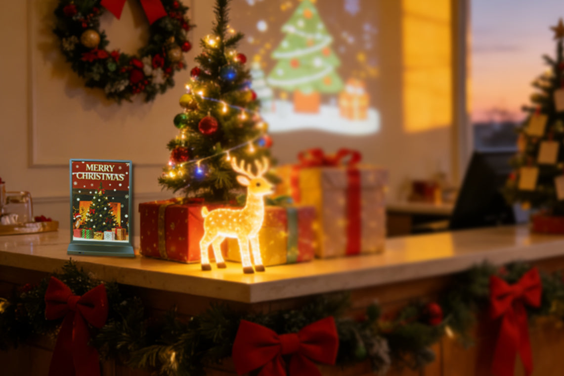 desktop light box used on a holiday-decorated table in a retail store to display Christmas visuals