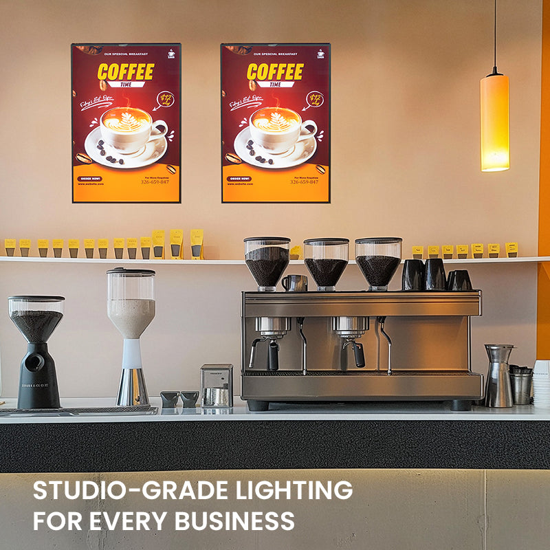 ultra-thin LED light box installed in indoor retail or cafe space showing illuminated promotional poster