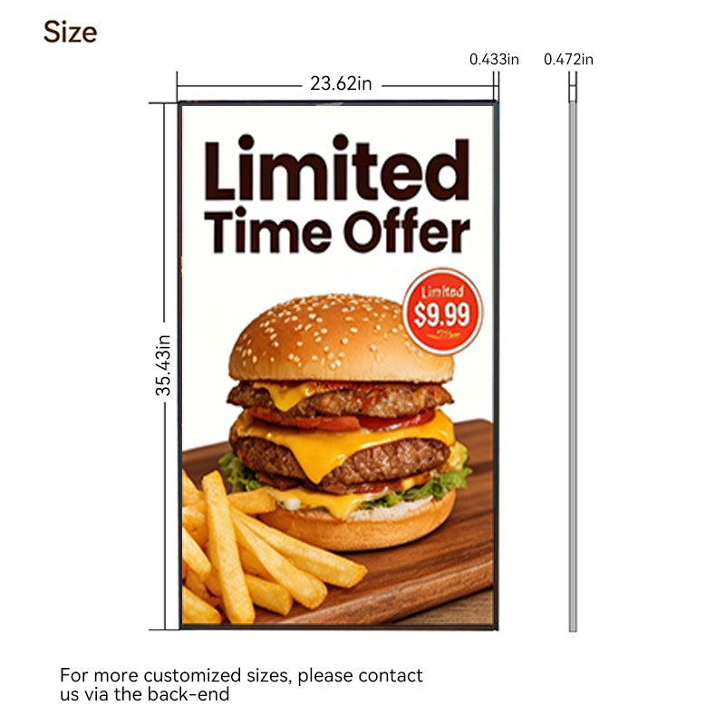 size of ultra-thin LED light box highlighting narrow profile and tempered glass panel