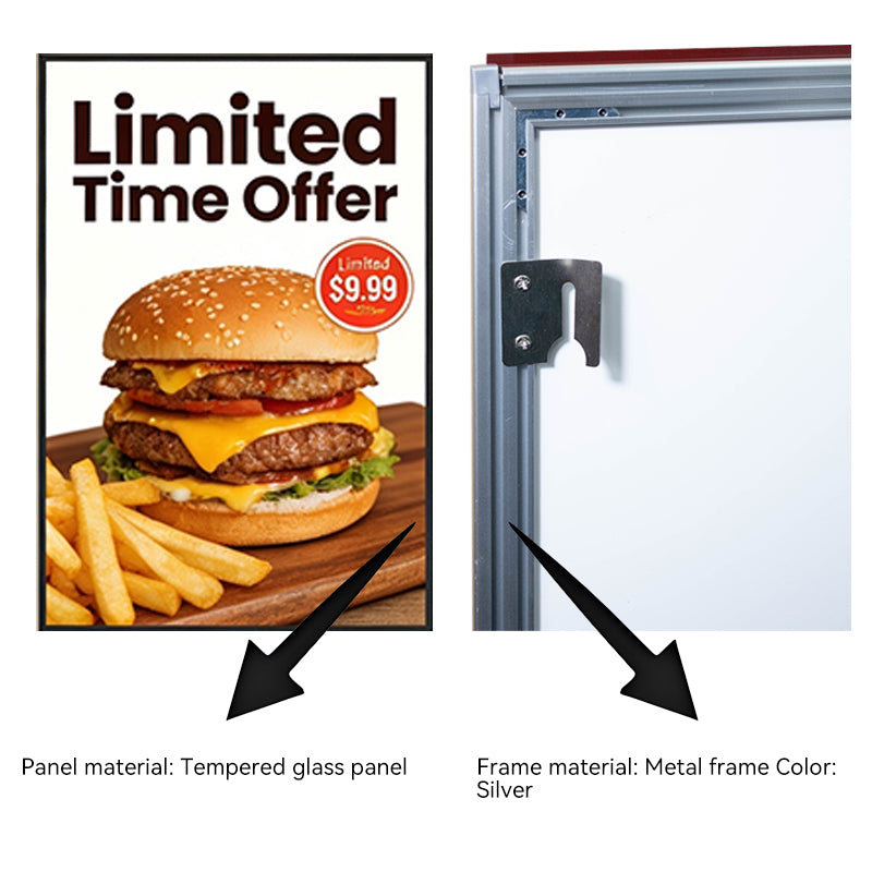 detail of metal frame and tempered glass of ultra-thin LED light box sign