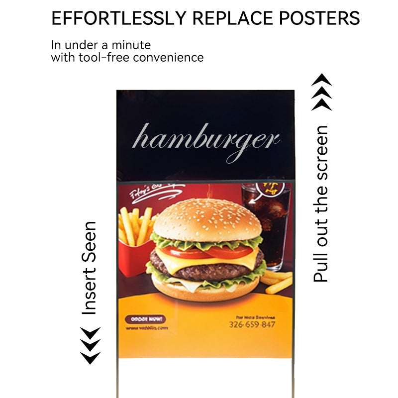 LED light box showing easy poster replacement with tool-free design