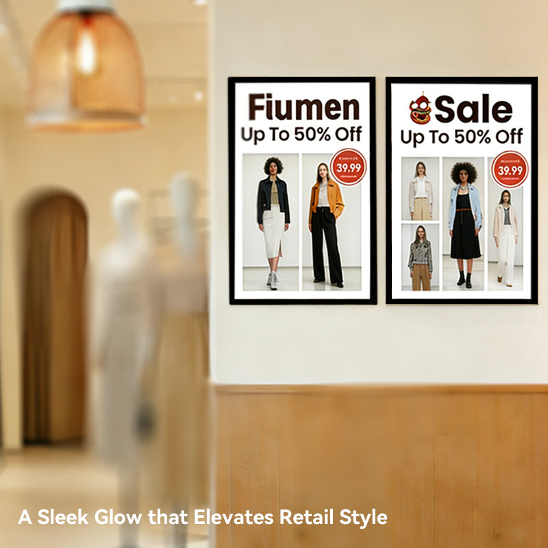 ultra-thin LED light box installed in indoor clothing retail space showing illuminated promotional poster