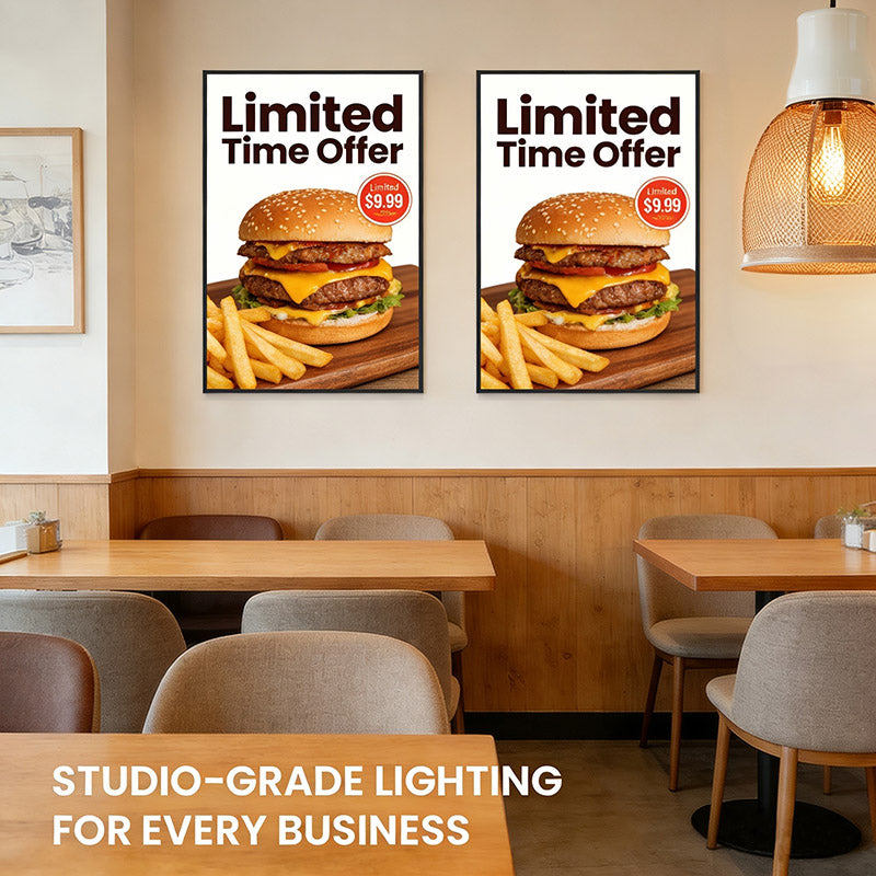 Restaurant interior with 'Limited Time Offer' posters for burgers and fries, featuring studio-grade lighting.