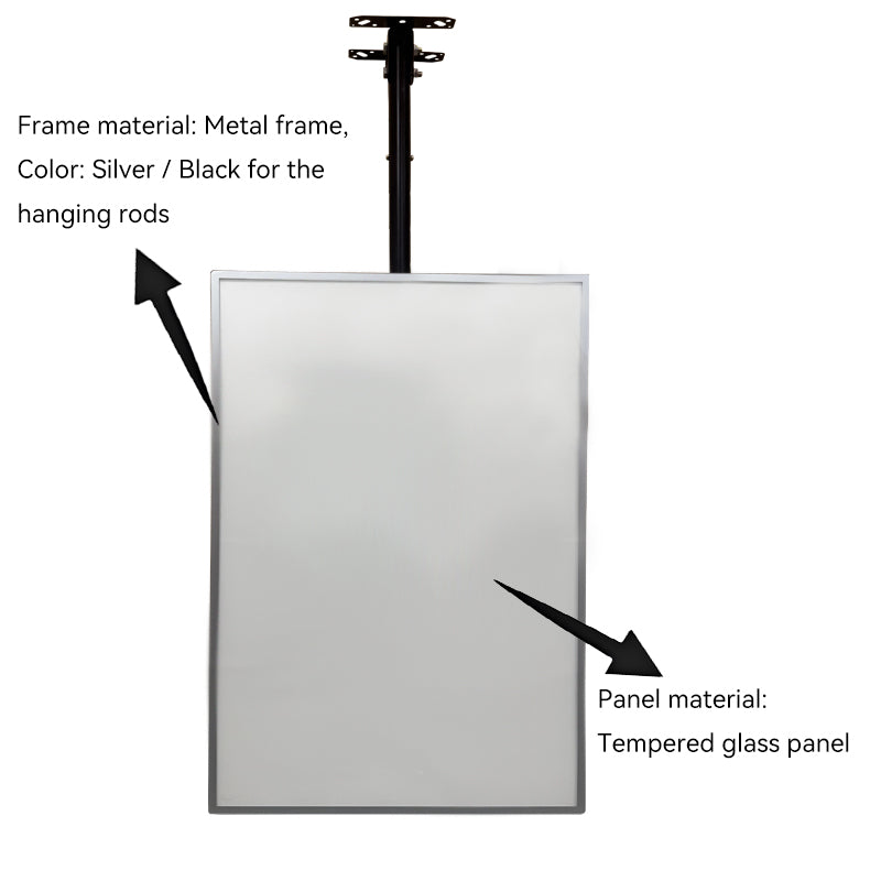 diagram of a metal frame with a tempered glass panel, labeled with material and color information.