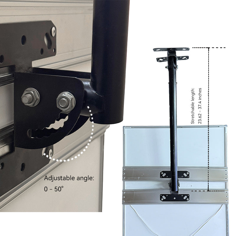 adjustable metal bracket with stretching mechanism and measurement details 