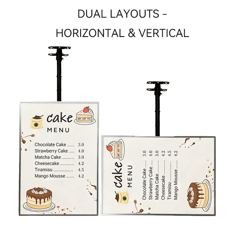 two  top-hanging LED menu boards with dual layout options