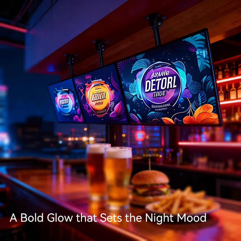 Bar setting with digital menu boards, drinks, and food on a bar counter.