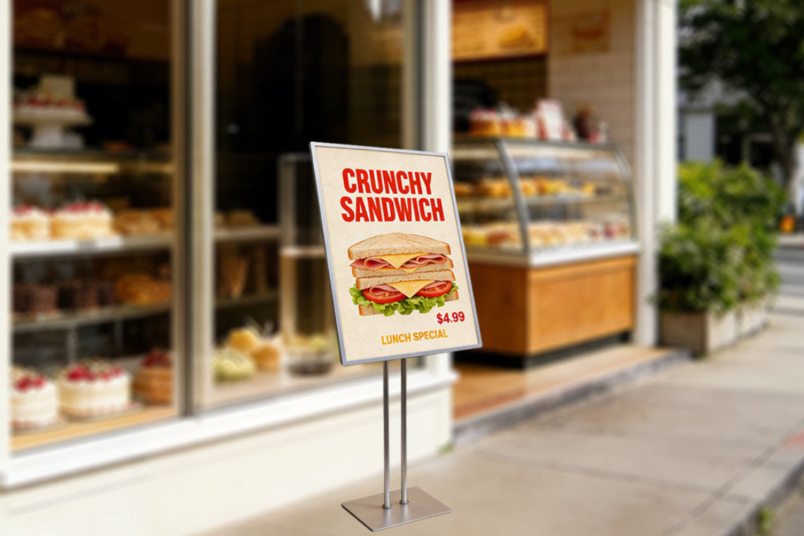 Promotional sign in standing light box outside a bakery
