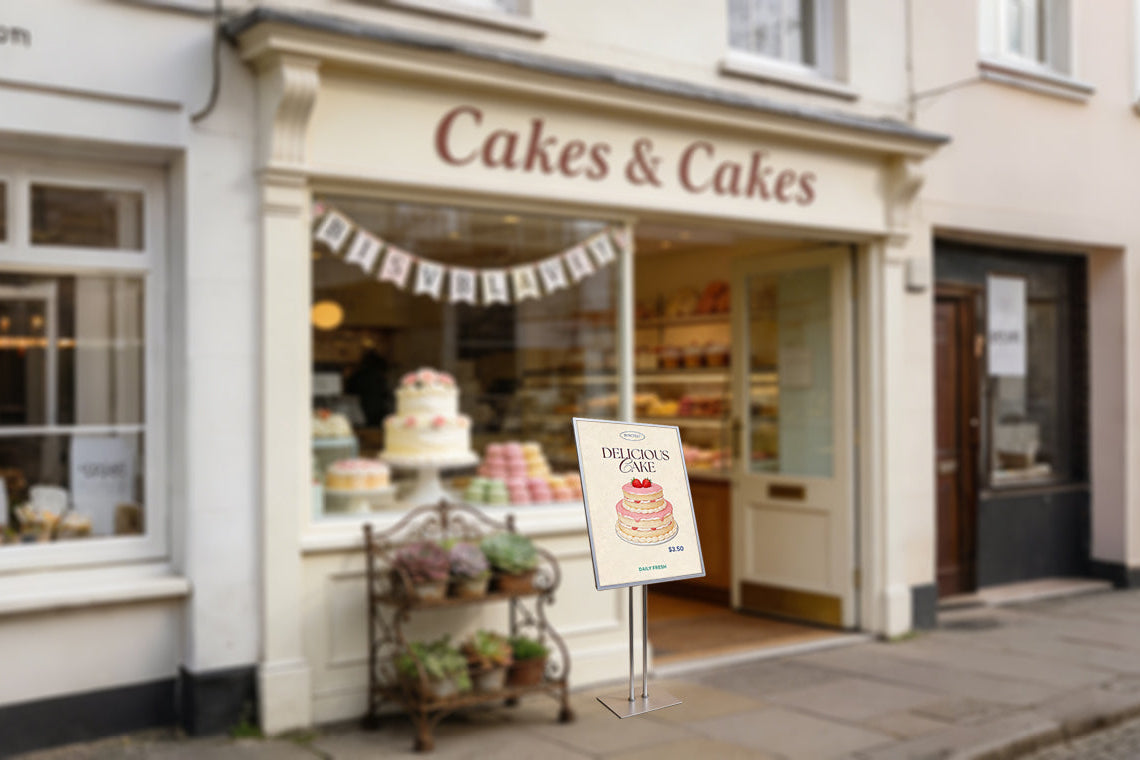 Storefront of a bakery with display of cakes and a standing light box outside.