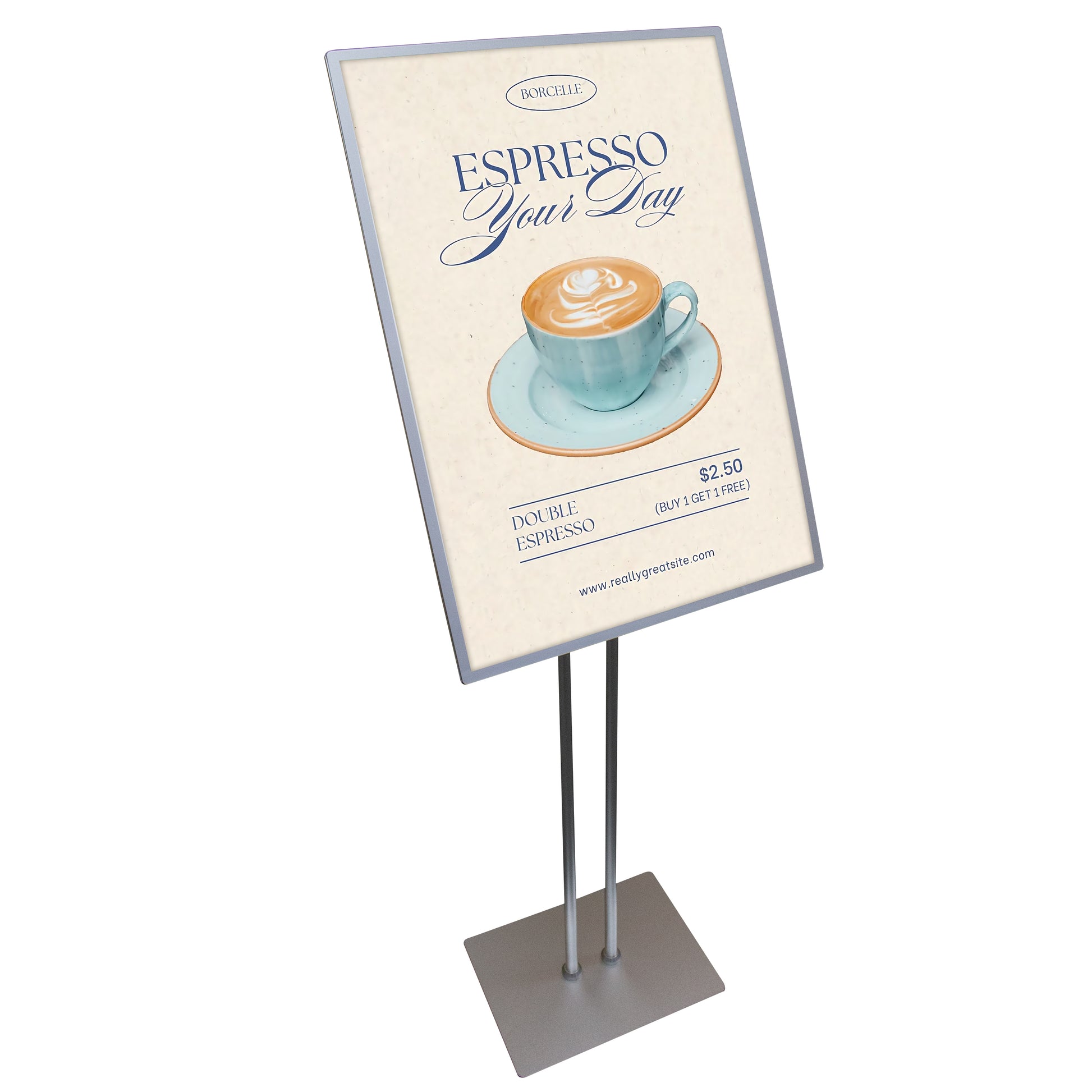 A vertical poster advertising light box sign with a double pole stand, displaying an espresso related advertisement.