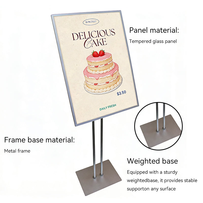 led vertical light box with tempered glass panel, metal frame and weighted base