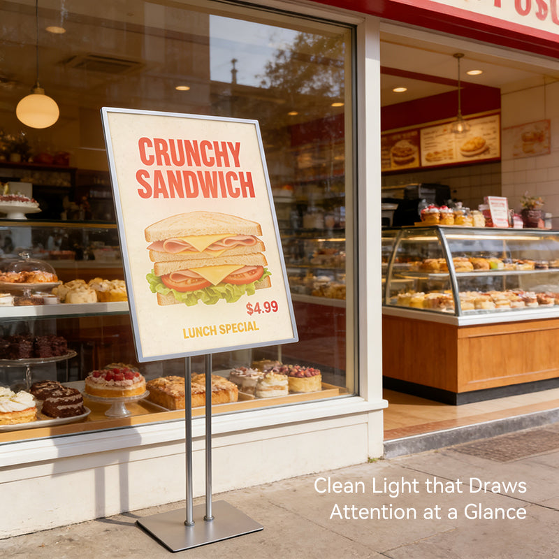 Promotional sign for a crunchy sandwich special outside a bakery with various pastries on display.