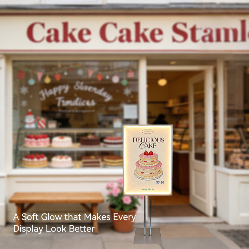Application of the standing light box sign at the entrance of a cake shop