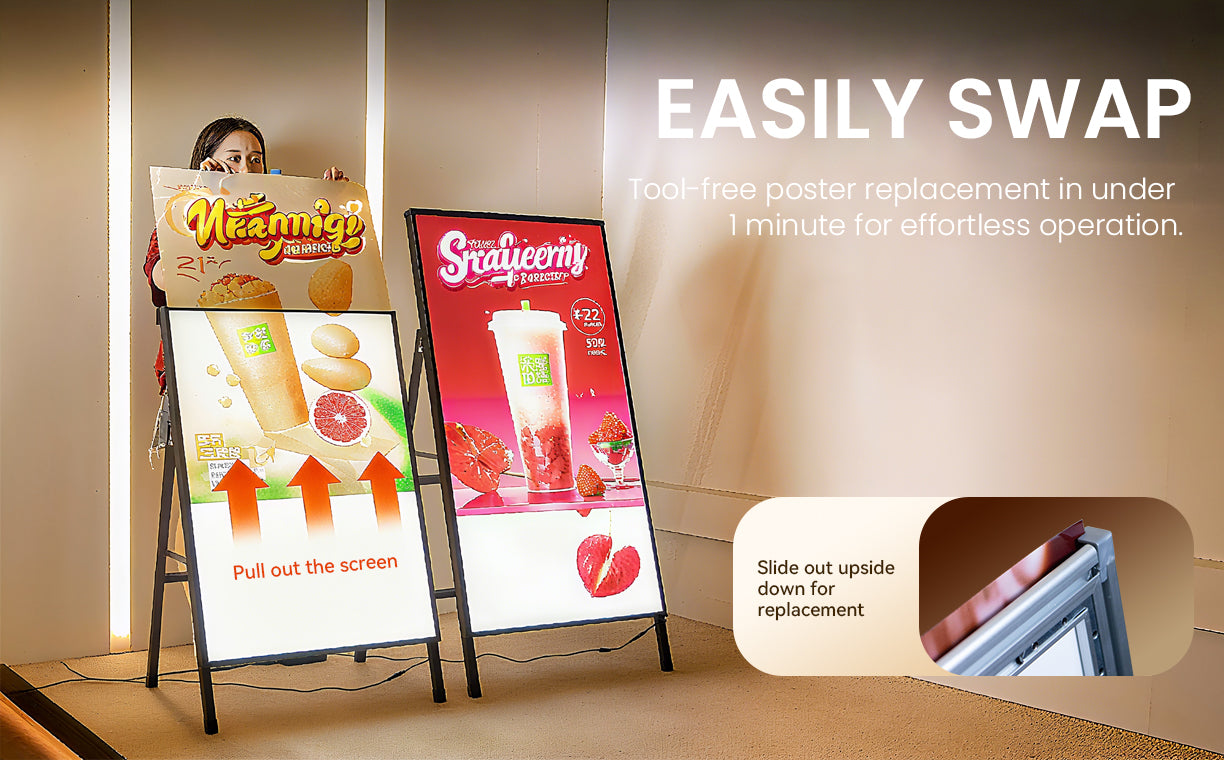 tool-free poster replacement in under 1 minute effortless operation of 'A' board advertising light box sign