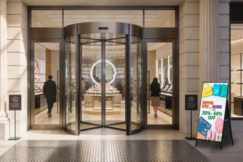 'a' board light box with shopping discount information in it at the entrance of a shopping mall