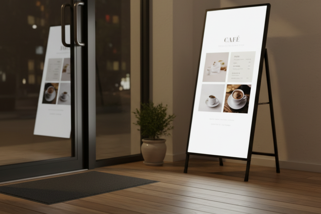 illuminated A-Frame LED Light Box showing the cafe menus