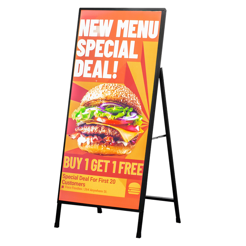 A black floor-standing vertical poster board with an LED sign displaying an advertisement for a new menu special deal