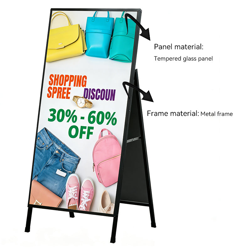 A-frame LED light box showing metal frame and tempered glass panel