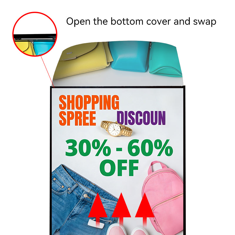 A-frame LED light box showing easy poster replacement
