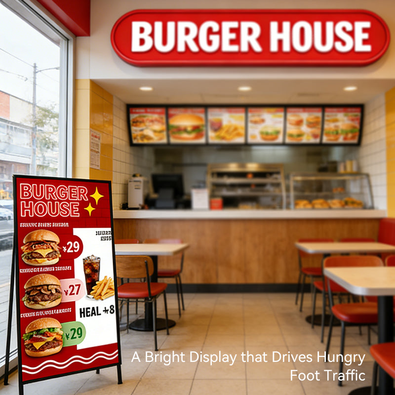 Burger House restaurant interior with promotional sign and menu display.