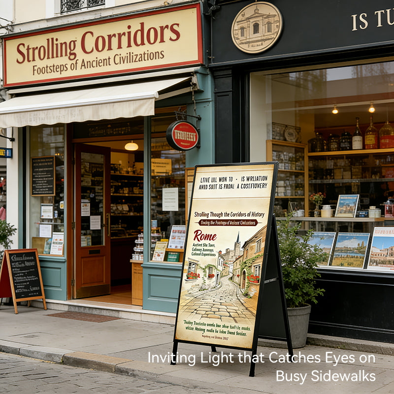 a-frame light box displaying an advertisement for a grocery store on the street.