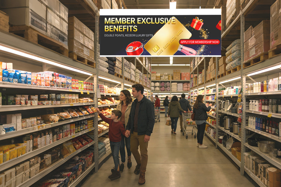 Supermarket aisle with a promotional sign in the double-sided light box for member exclusive benefits.