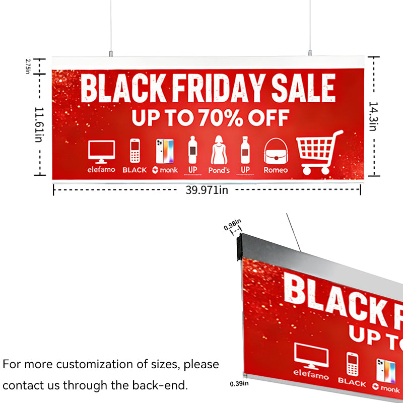 Ceiling double-sided light box size chart and additional customization of sizes available