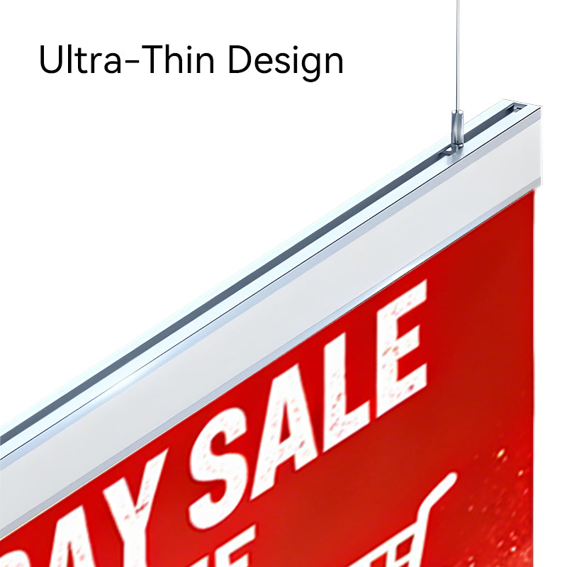 close-up of ultra-thin design on ceiling hanging double-sided LED light box
