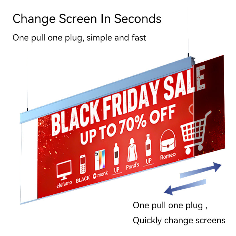 poster quick change demonstration on ceiling hanging double-sided LED light box sign
