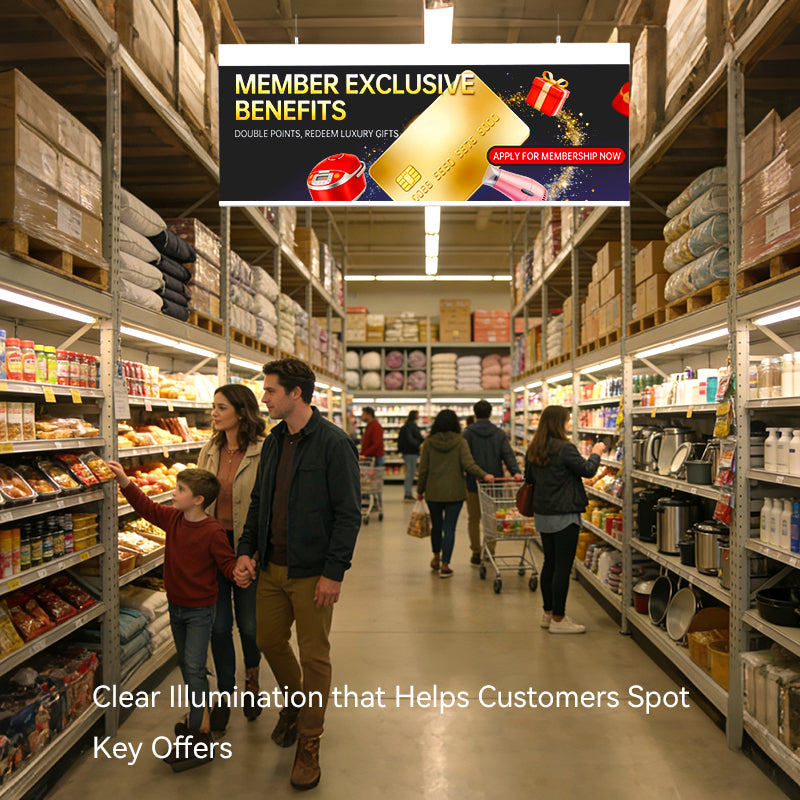 Supermarket aisle with shoppers and a promotional sign for member exclusive benefits.
