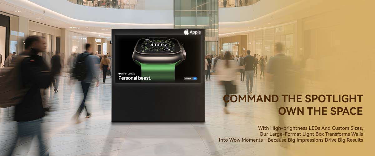 digital product advertisement on a large format light box in a shopping mall with people walking by.