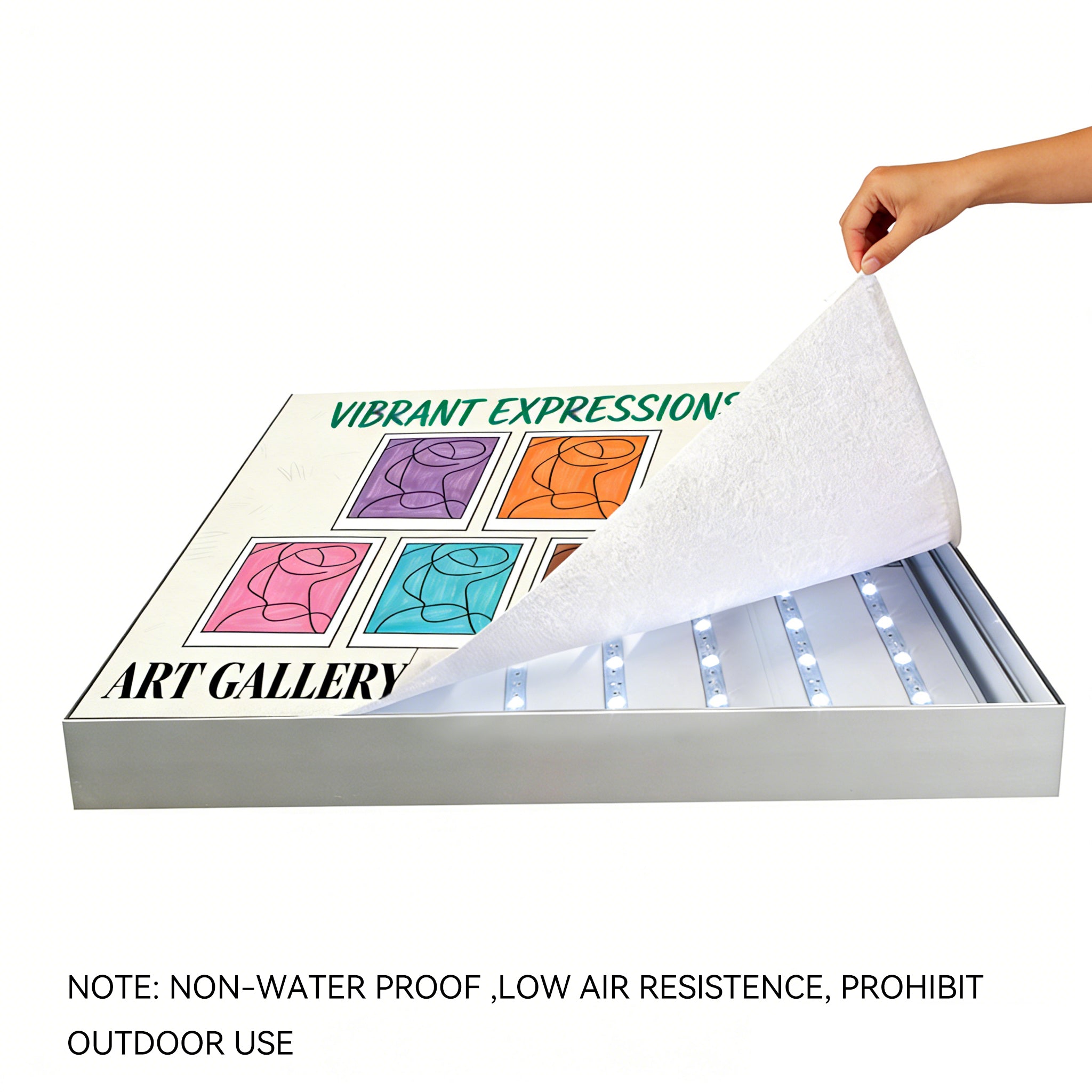 fabric LED light box showing replaceable printed fabric graphic for easy visual updates