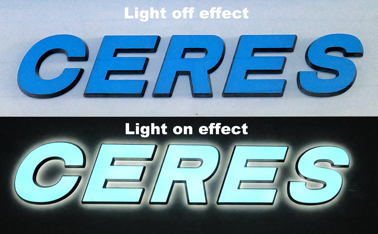 Comparison of 'CERES' text with light off and light on effects.