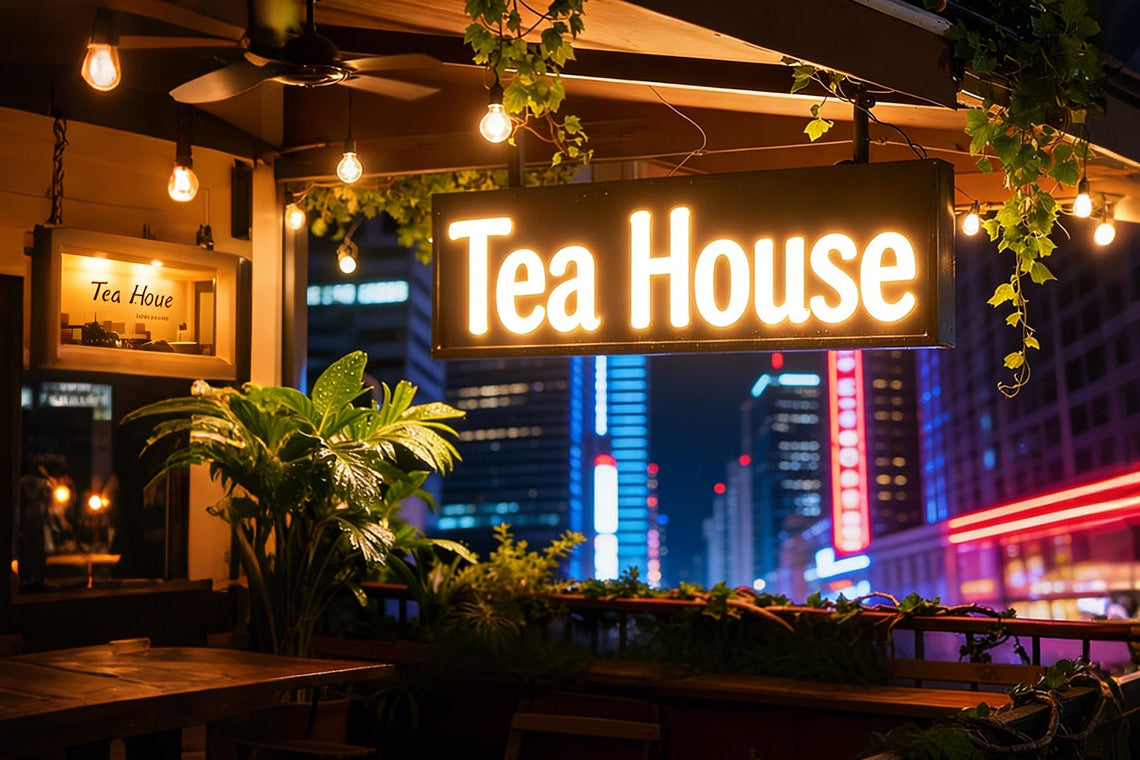 Tea House sign illuminated at night