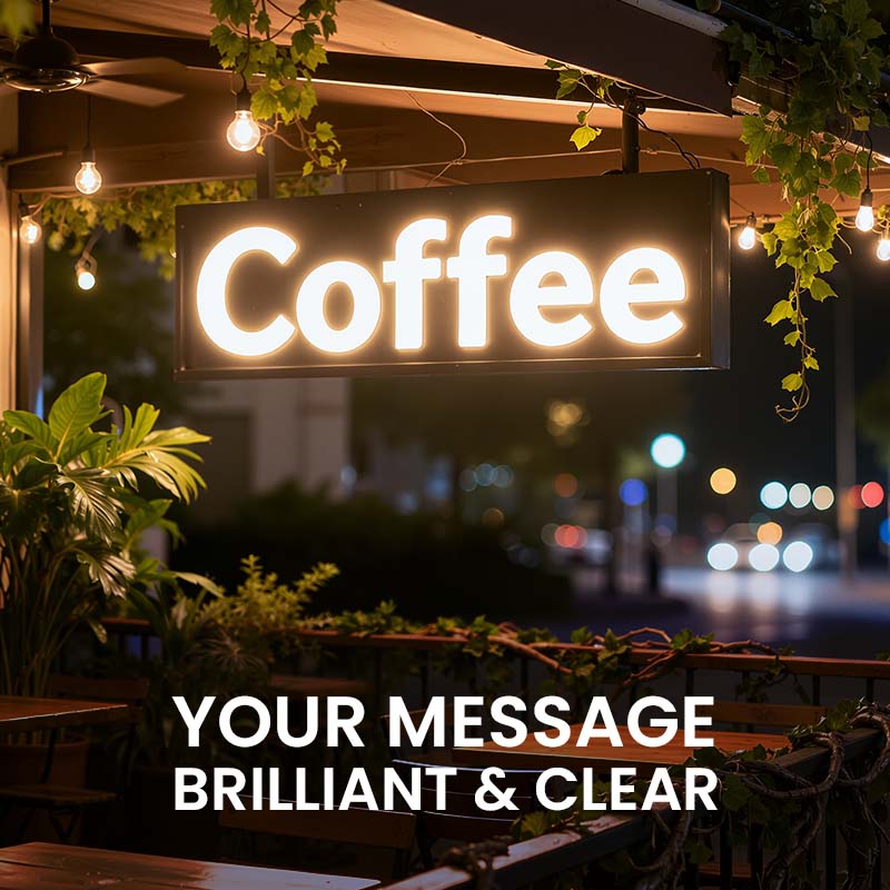 luminous coffee sign in an outdoor setting with bright and uniform lights