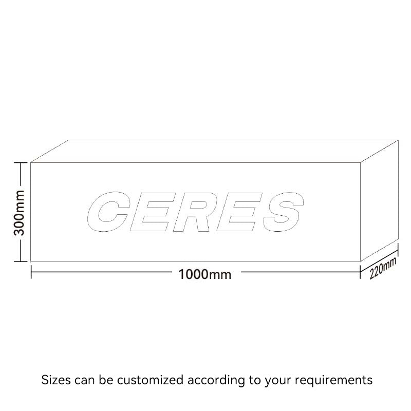 transparent acrylic box with LED acrylic sign letters showing dimension information