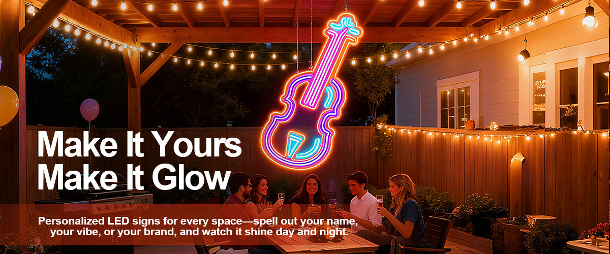 Neon guitar sign in a backyard setting with people sitting at a table, surrounded by string lights.