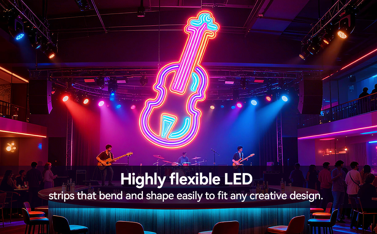 Neon guitar sign on a stage with colorful lights and a band playing.