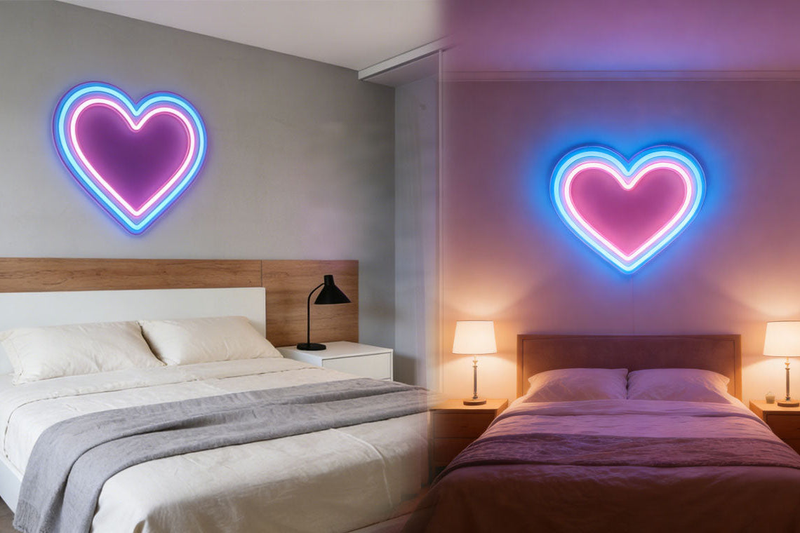 The heart-shaped neon sign creates a romantic atmosphere in the room.